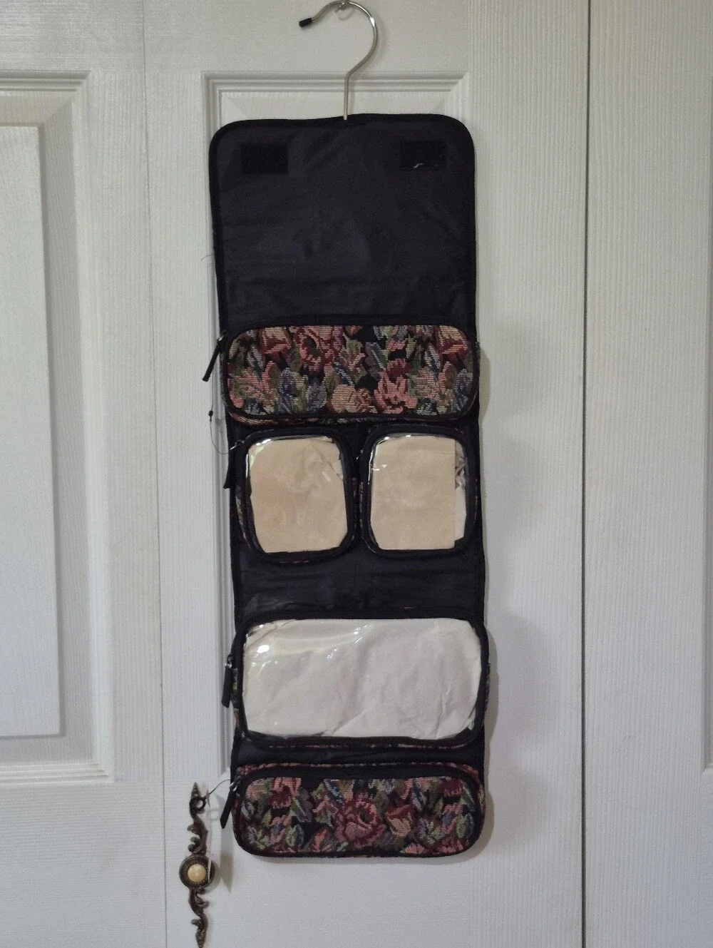 NWTs Vintage black floral tapestry cosmetics and toiletry bag with hanger